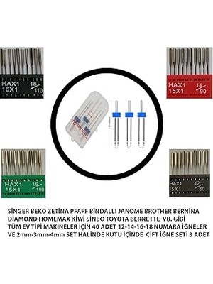 Nacario Swart Zetina Singer Janome Vb. Gibi Ev Makineleri 12-14-16-18 Numara 40 Adet Iğne 3 Adet Çift Iğ