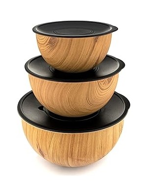 Nacario Bambum Wood - 3''lü Metal Karıştırma Kabı Kahverengi