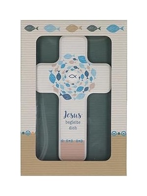 Nacario Butzon & Bercker Çocuk Ahşap Haç Jesus Begleite Dich x 11 cm Hediye Paketi, Kayın Haç Beyaz Boya