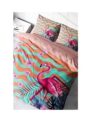 Nacario MONOHOME%100 Pamuk Saten Çift Kişilik Nevresim Takımı Turkuaz Flamingo, MONOHOME38540