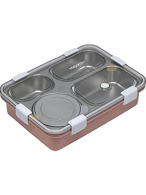 Nacario Vagonlife Bento 850ML Lunchbox Tek Katlı 4 Bölmeli Kaseli Çelik Sefer Tası Yemek Kutusu (Pembe)