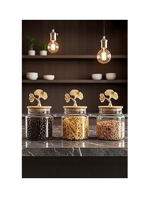 Nacario Altın Ginkgo Figürlü 3’lü Cam Kavanoz Seti – Bambu Kapaklı 635 cc Saklama Kabı