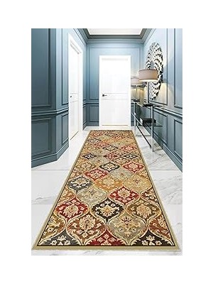 Nacario Pelangi Osmanlı Desen Dijital Baskı Yıkanabilir Etnik Salon Halı Yolluk, Kiremit-Hardal 100 x 15