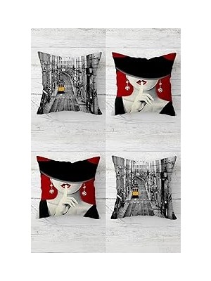 Nacario Pelangi Tramvay Şapkalı Kadın Gizli Fermuarlı Kırlent Kılıfı Koltuk Yastık Kılıfı Takım(4