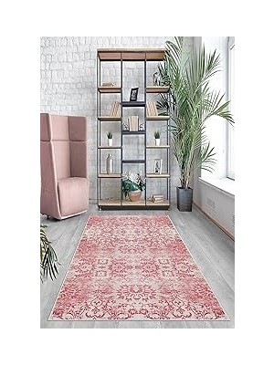Nacario Pelangi Pembe Çiçek Desenli Yıkanabilir Kaymaz Taban Tutmaz Salon Halısı Yolluk, Pem