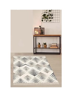 Nacario Pelangi Bej Geometrik Çizgi Desenli Dijital Baskı Yıkanabilir Kaymaz Taban Etnik Kilim Desen Salon