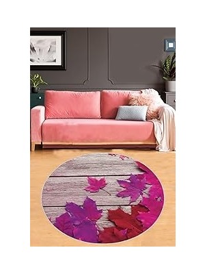Nacario Pelangi Fuşya Yaprak Desenli Yıkanabilir Kaymaz Taban Yuvarlak Salon Halısı, Fuşya 120 x 12