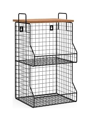 Nacario Orret 2 Katlı Ahşap Raflı Metal Organizer Sepet, Duvara Monte Edilebilir Mutfak Banyo Düzenley