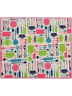 Nacario Mutfak Desen Bulaşık Kurutma Altlığı, 35X45 Cm, Pembe Yeşil Çerçeveli, Mutfak Gereçleri Desenli