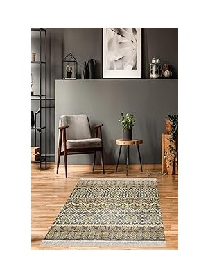 Nacario Pelangi Kilim Desenli Etnik Dijital Baskı Yıkanabilir Kaymaz Taban Salon Halı Yolluk, Bej
