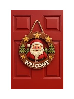 Nacario Yuvarlak Yıldızlı Noel Babalı Yılbaşı Ahşap Kapı Yılbaşı Süsü Yılbaşı Temalı Hediyeler (23-23 Cm)