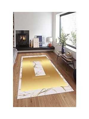 Nacario Pelangi Bej Mermer Gold Çerçeve Yıkanabilir Kaymaz Taban Tutmaz Salon Halısı Yolluk,