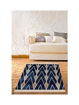 Nacario Pelangi Lacivert Geometrik Zigzag Çizgili Üçgen Desenli Dijital Baskı Yıkanabilir Halı, Lacivert