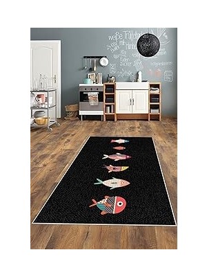 Nacario Pelangi Siyah Balık Detaylı Yıkanabilir Kaymaz Taban Tutmaz Salon Halısı Yolluk, Siy
