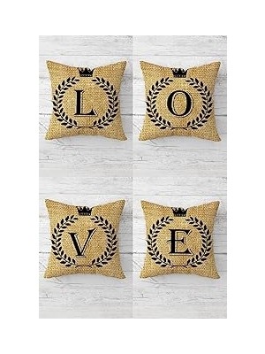 Nacario Pelangi Love Harfleri Jüte Desen Gizli Fermuarlı Kırlent Kılıfı Koltuk Yastık Kılıfı TAKIM(4ADET),