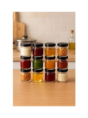 Nacario 12 Adet 40 ml Siyah Metal Kapaklı Şeffaf Numune Mama Ek Gıda Şekerleme Reçellik Küçük Cam Kavanoz