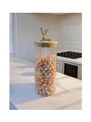 Nacario Yenigeldi (9X20 Cm) 2 Adet Geyikli Cam Saklama Kavanozu Geyik Başı Altın Renk Hava Geçirmez Y-442,Ş