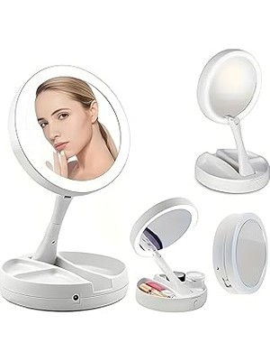 Nacario Genel LED Işıklı Makyaj Aynası, 10X Büyüteç, Katlanabilir Tasarım, USB Şarjlı, 15.5cm Çap, Beyaz