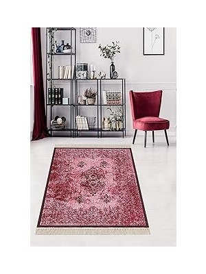 Nacario Pelangi Pembe Osmanlı Desen Çerçeveli Dijital Baskı Yıkanabilir Kaymaz Taban Klasik Salon Halısı, P