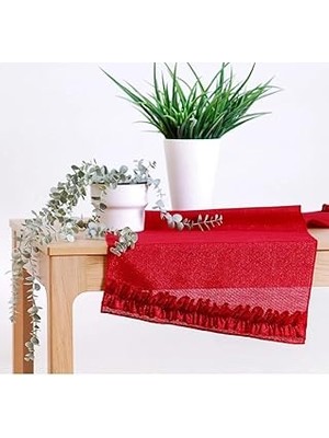 Nacario Viemso Simli Keten Runner Kırmızı Fırfırlı 45X150