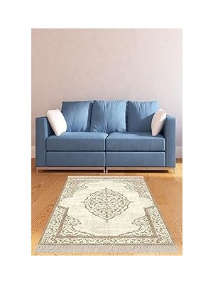 Nacario Pelangi Bej Osmanlı Desen Göbekli Dijital Baskı Yıkanabilir Salon Halısı, Bej 120 x 120
