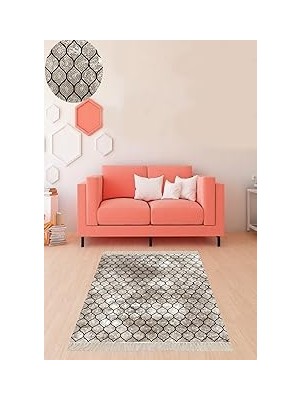Nacario Pelangi Geometrik Desenli Dijital Baskı Yıkanabilir Kaymaz Taban Kilim Desen Salon Halı (Bej
