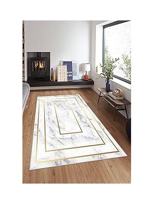Nacario Pelangi Gri Gold Çerçeveli Mermer Desen Yıkanabilir Kaymaz Taban Tutmaz Salon Halısı