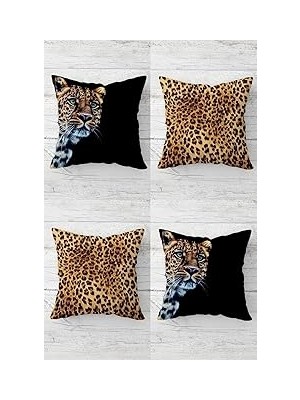 Nacario Pelangi Leopar Desenli Leoparlı Gizli Fermuarlı Kırlent Kılıfı Koltuk Yastık Kılıfı TAKIM(4ADET), K