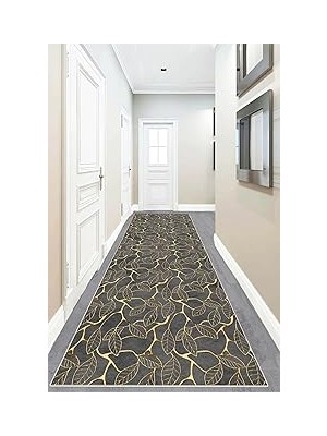 Nacario Pelangi Gold Yaprak Desenli Dijital Baskı Yıkanabilir Kaymaz Taban Klasik Salon Halısı Gri, Gri 80