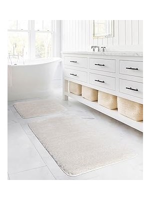Nacario Segura Peluş Krem Kaydırmaz Taban 2'li Banyo Paspası 60 x 100-50 x 60, Krem Rengi