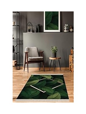 Nacario Pelangi Yaprak Desenli Gold Çerçeveli Dijital Baskı Yıkanabilir Kaymaz Taban Halı, Yeşil 180 x 250