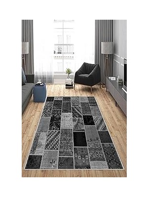 Nacario Pelangi Gri Patchwork Kırkyama Desen Yıkanabilir Kaymaz Taban Tutmaz Salon Halısı Yo