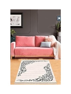 Nacario Pelangi Osmanlı Motifler Desenli Dijital Baskı Yıkanabilir Kaymaz Taban Salon Halı Yolluk, Krem-