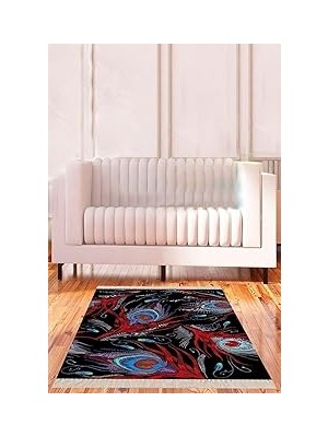 Nacario Pelangi Siyah Tavuskuşu Tüyü Desenli Dijital Baskı Yıkanabilir Kaymaz Taban Kilim Model Salon Halıs