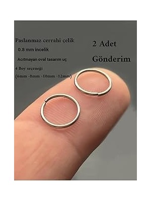 Nacario 2 Adet Ince Halka Çelik Piercing, Dudak Burun Kulak Tragus Septum, Gümüş, 10 mm