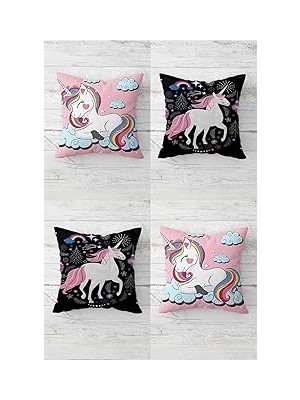 Nacario Pelangi Sevimli Unicorn Desenler Gizli Fermuarlı Kırlent Kılıfı Koltuk Yastık Kılıfı TAKIM(4ADET),