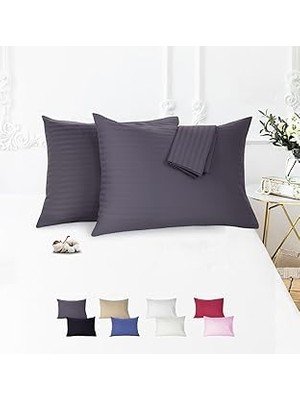 Nacario Vionel HOME%100 Pamuk Çizgili Saten Yastık Kılıfı | 50 x 70 cm 2'li | Paket (Antrasit)