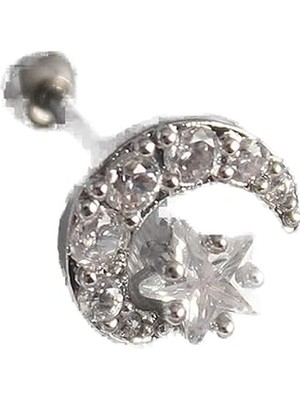 Nacario 316L Çelik Gümüş Renk Zirkon Taşlı Ay Yıldız Tragus Piercing - TJ-PR1257