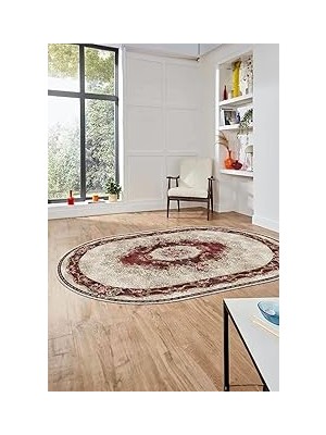 Nacario Çiçekli Klasik Motifli Dijital Kaymaz Taban Yıkanabilir Oval Yolluk Salon Halısı O-Klasi̇k-29, Bordo