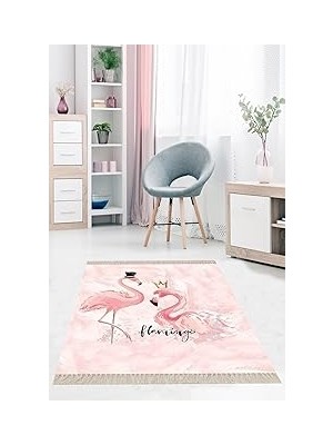 Nacario Pelangi Pembe Flamingo Dijital Baskı Yıkanabilir Kaymaz Taban Salon Halısı, Pembe 160 x 350