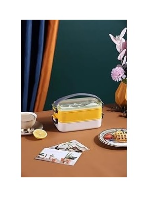 Nacario Vagonlife Çift Katmanlı Paslanmaz Çelik Beslenme KABI-1400 ml (Çatallı Kaşık) Beslenme Kutusu (Sarı