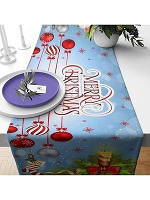 Nacario Pelangi Merry Christmas Yılbaşı Tema Tutmaz Kumaş Runner, Kırmızı-Mavi 40 x 140
