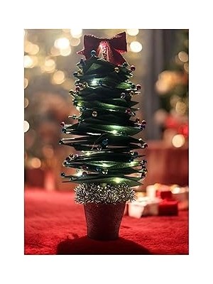 Nacario Işıklı El Yapımı Noel Ağacı, Yeşil Keçe, Renkli Boncuklu, Kırmızı Fiyonklu, Mini Boy, Masaüstü Deko