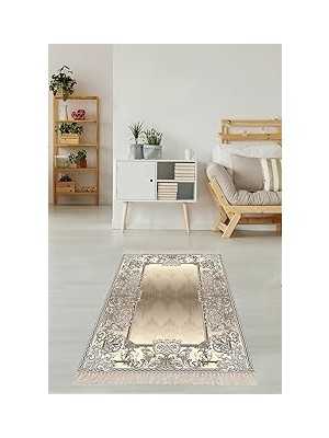 Nacario Pelangi Varak Desenli Dijital Baskı Yıkanabilir Kaymaz Taban Tutmaz Düz Salon Halısı (Vizon),