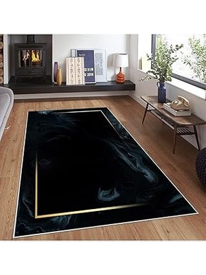 Nacario Pelangi Siyah Zemin Gold Şerit Desenli Yıkanabilir Kaymaz Taban Tutmaz Salon Halısı