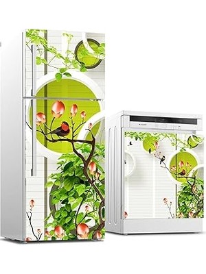 Nacario Buzdolabı Bulaşık Makinası Beyaz Eşya Sticker Kaplama Yuvarlak Kuş Ağaç