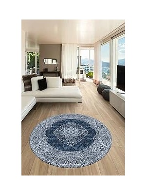 Nacario Baskılı Kaymaz Yıkanabilir Göbekli Klasik Desen Yuvarlak Salon Halısı Y-Klasi̇k-07, Mavi, 160 x 160