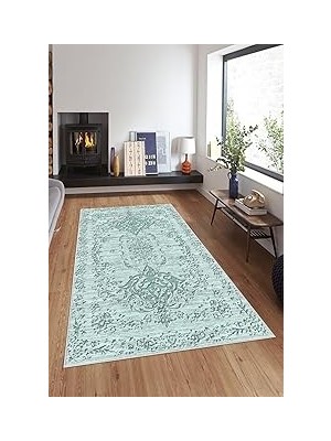 Nacario Pelangi Turkuaz Osmanlı Motifler Eskitme Yıkanabilir Kaymaz Taban Tutmaz Salon Halısı V