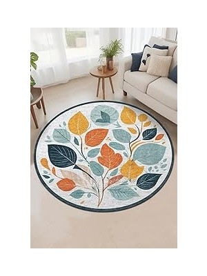 Nacario Latte Dizayn Leaf Desenli Şönil Pamuk Tabanlı Yıkanabilir Kaymaz Antibakteriyel Yuvarlak Sal