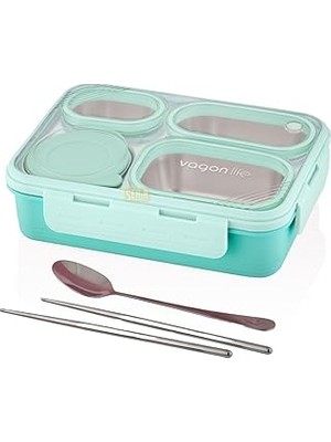 Nacario Vagonlife Bento 950ML Lunchbox Tek Katlı 4 Bölmeli Çelik Sefer Tası Yemek Kutusu (Turkuaz)